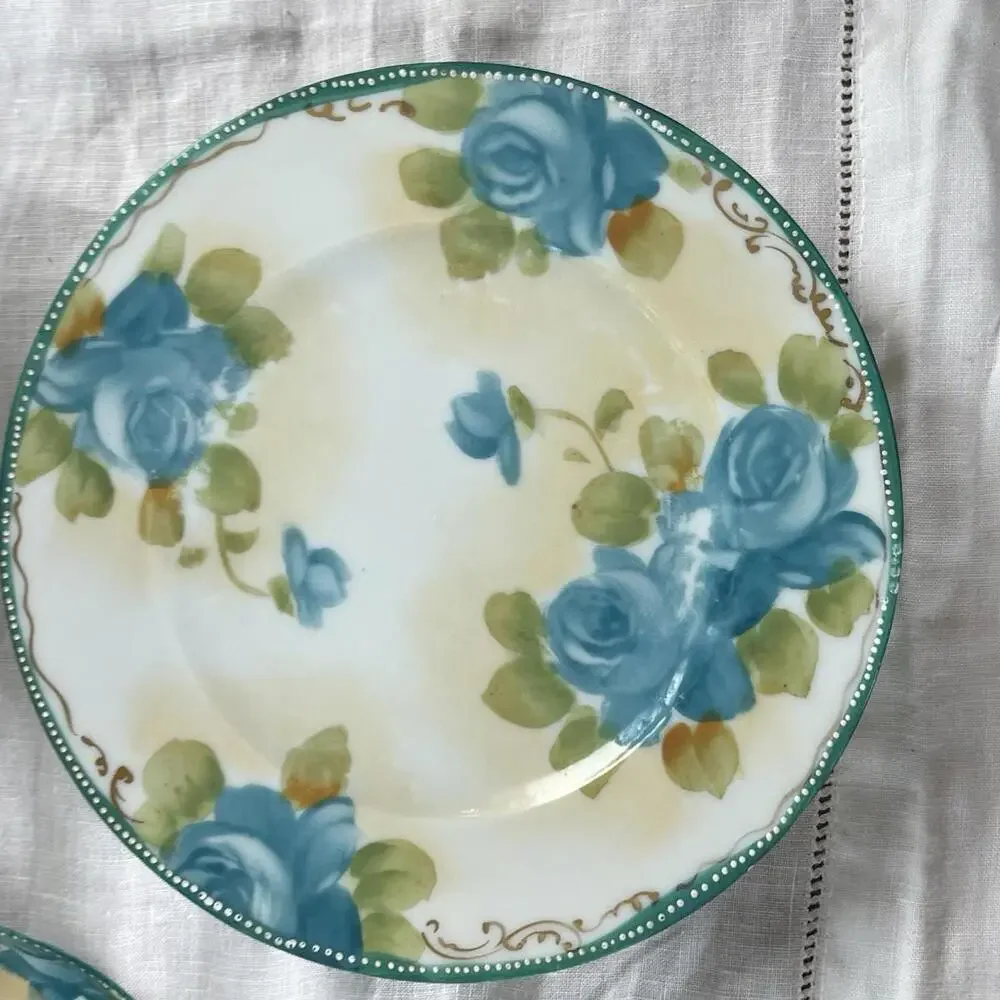 Plate Handpainted‎ Made In Japan Teal Aqua & Hand Dotted Rim Exquisite 7”